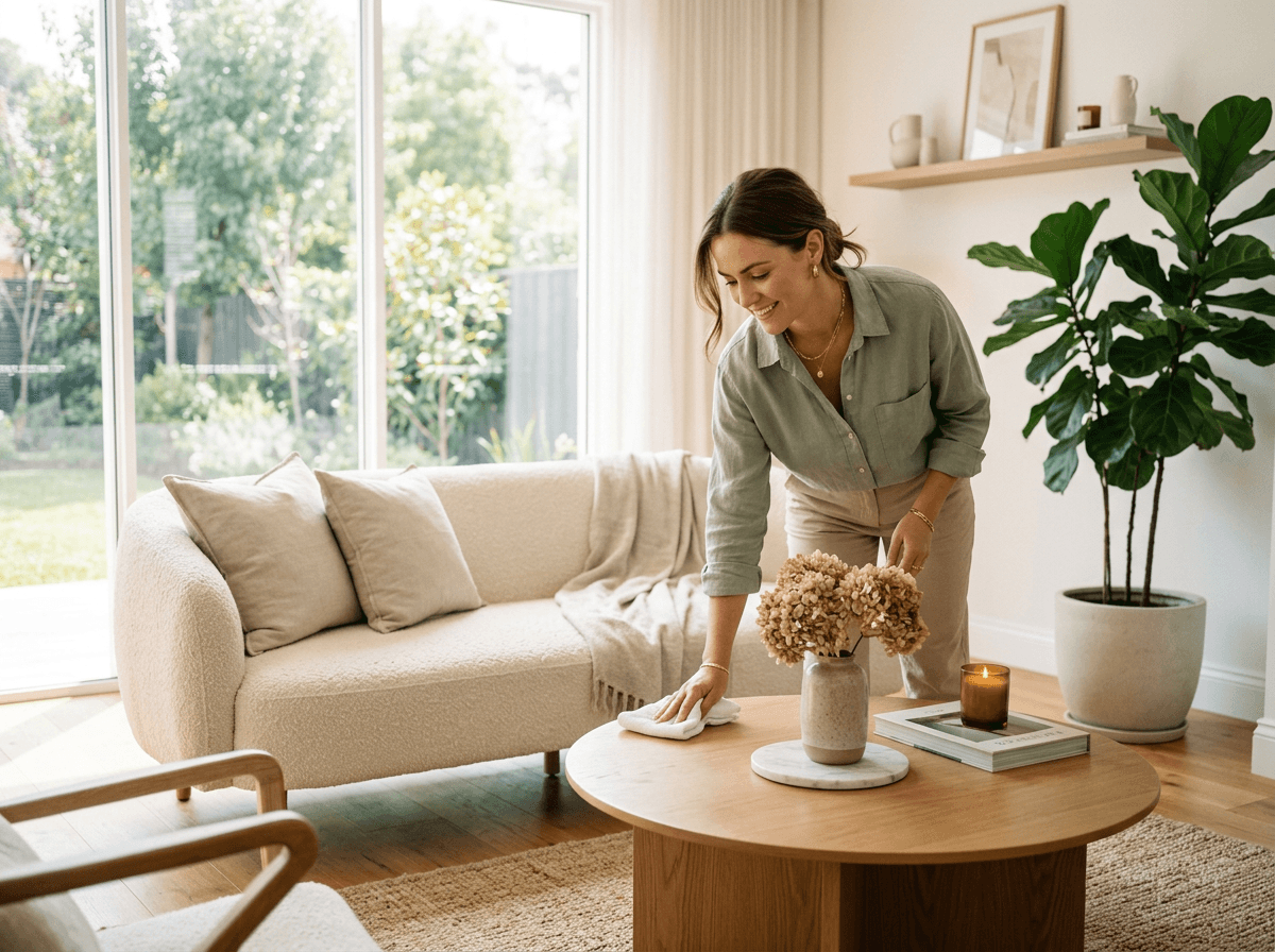 A cleaner refreshing a sunlit living room